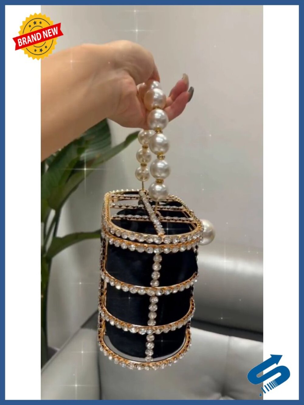 Sparkly Rhinestone Clutch Evening Bag with Pearl Handle Detachable Chain - Picture 6 of 6
